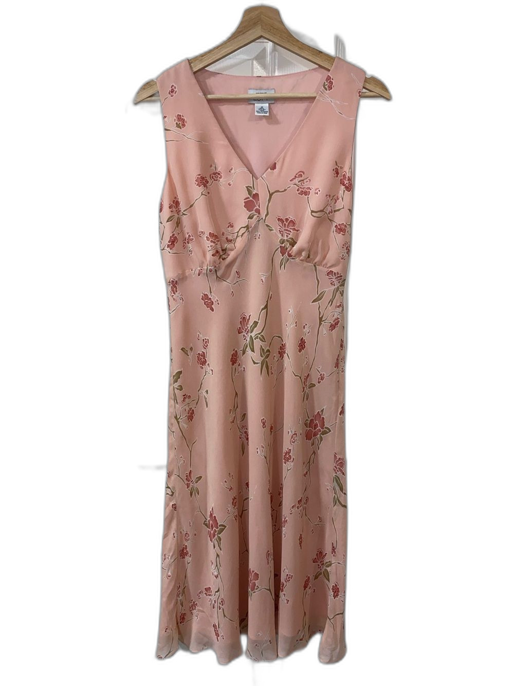 ANN TAYLOR x LOFT Y2K Pink Floral V-Neck MIDI Dress in Blush Pink 100% Silk